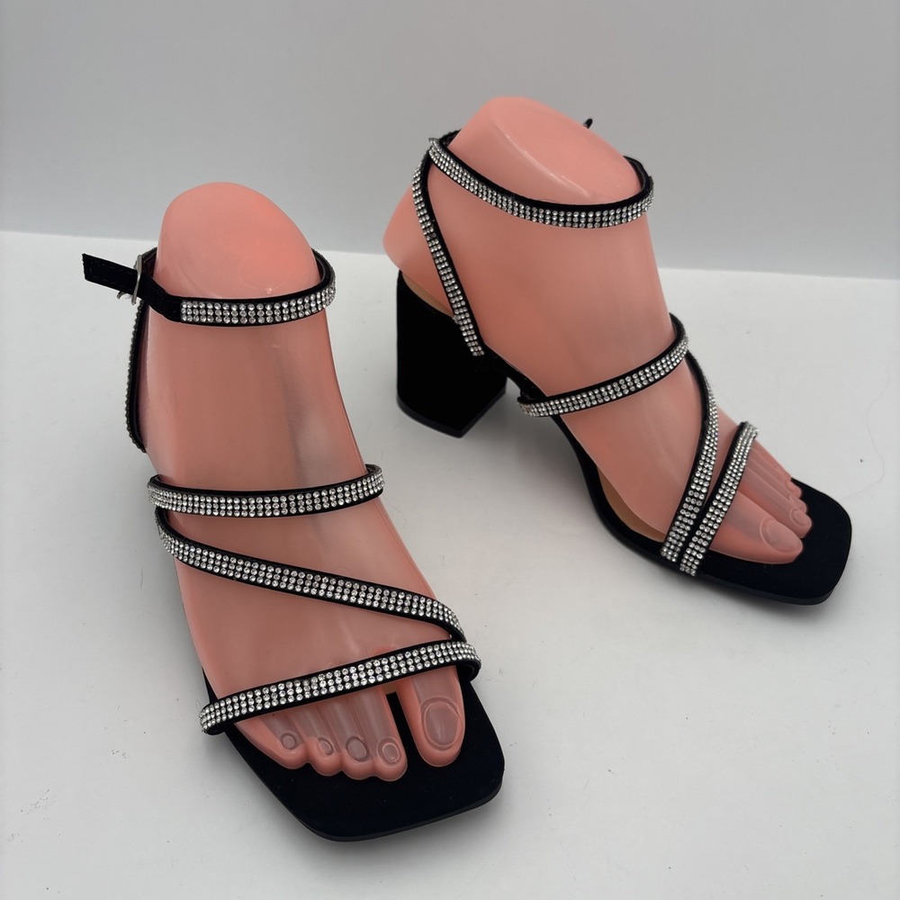 TOP MODA Women's Black/Silver Strappy Rhinestone Ankle Strap Buckle Heel 6.5